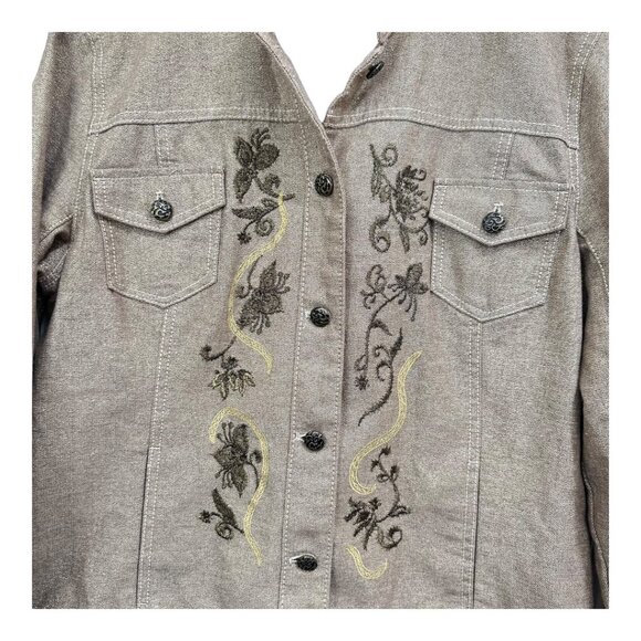 Chicos Metallic Embroidered Button-Up Jacket SZ 2 Beige Long Sleeve Cotton Blend - Picture 12 of 16